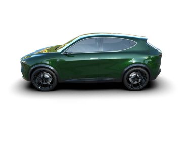 Beyaz arka planda 3 boyutlu yeşil spor araba.