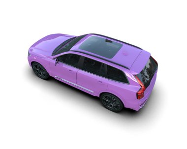 Beyaz arkaplanda 3 boyutlu pembe bir araba görüntüsü var..