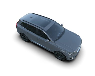 Beyaz stüdyo arka planında izole edilmiş siyah bir arabanın 3 boyutlu görüntüsü..