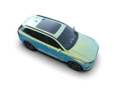 Beyaz stüdyo arka planında mavi bir arabanın 3 boyutlu görüntüsü