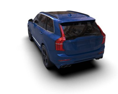 Mavi araba arka planda izole edilmiş. 3D görüntüleme - illüstrasyon