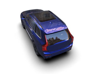 Karanlık bir ortamda mavi bir arabanın 3 boyutlu görüntüsü daha az.