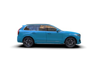 Mavi lüks modern aile arabası beyaz arka planda izole edilmiş.