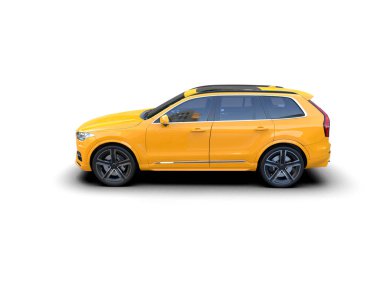 Beyaz arka planda sarı cip arabası. 3d oluşturma