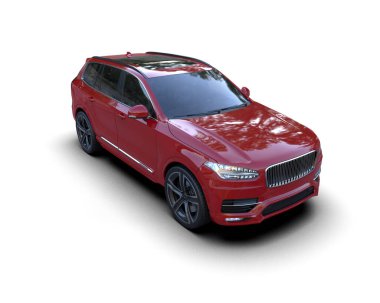 Beyaz stüdyo arka planında izole edilmiş kırmızı bir spor arabanın 3 boyutlu görüntüsü..