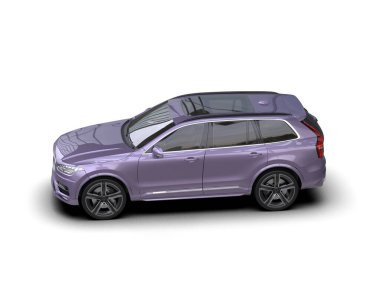 Araba mor renkte. Beyaz bir geçmişi olan aile arabası. 3 Boyutlu Hazırlama