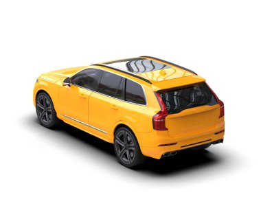 Beyaz arka planda modern lüks bir araba. Uzun gölgeli 3D görüntüleme