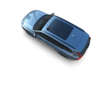 3 boyutlu görüntüleme. Beyaz arka planda mavi bir araba..