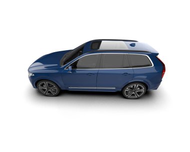 Stüdyoda beyaz arka planda izole edilmiş mavi bir spor arabanın 3 boyutlu görüntüsü.