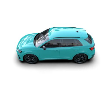 Sedan ailesiyle mavi bir araba. 3d oluşturma