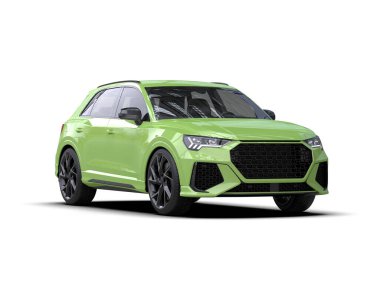 Beyaz arka planda yeşil bir araba. 3d oluşturma.