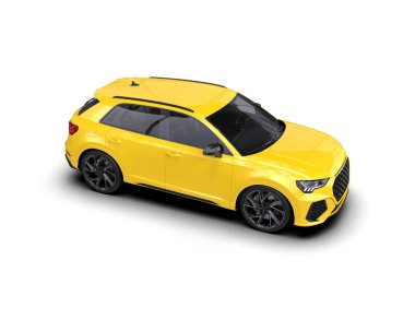 Sarı kompakt araba. Aile çizimi, 3 boyutlu..