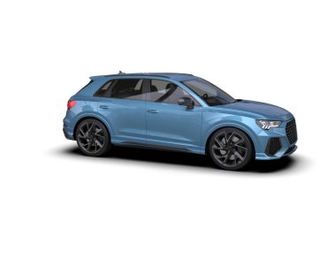 Modern lüks mavi araba. Beyaz arka planda izole edilmiş. 3d oluşturma