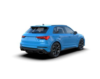 mavi araba beyaz arkaplanda izole edildi. 3 boyutlu görüntüleme