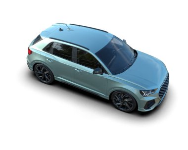 Beyaz arka planda mavi bir araba. Stüdyoda basit bir arabası olan modern bir tasarım. 3D görüntüleme. 3 Boyutlu Hazırlama