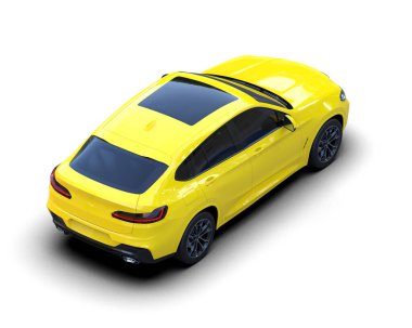 Stüdyoda beyaz arka planda sarı bir spor arabanın 3 boyutlu görüntüsü.