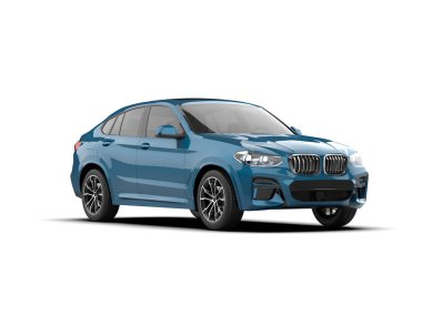 Modern araba beyaz arka planda izole edilmiş. mavi araba - 3D görüntüleme - 3D görüntü