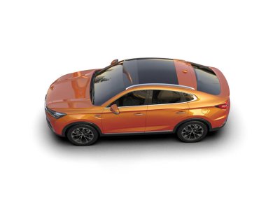 Şehir yüzeyi olan turuncu bir araba. 3d oluşturma