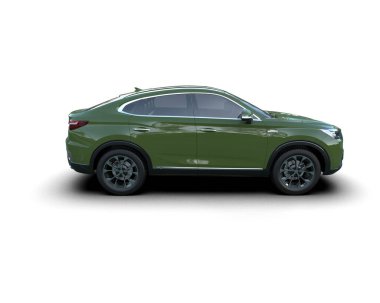 Beyaz stüdyo arka planında izole edilmiş modern yeşil bir SUV 'un 3 boyutlu görüntüsü..