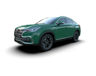 Beyaz arka planda yeşil jipi olan bir SUV. 3d oluşturma.