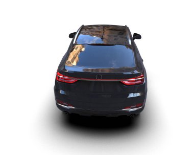 Beyaz izole edilmiş arka planda siyah bir arabanın 3 boyutlu canlandırması