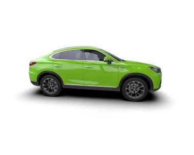 Yan manzaralı modern yeşil şehir arabası. Beyaz arka planda izole edilmiş. 3d oluşturma.