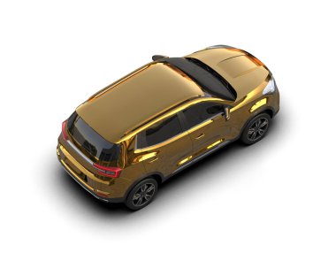 Altın renkli araba beyazda izole edilmiş. 3d resimleme