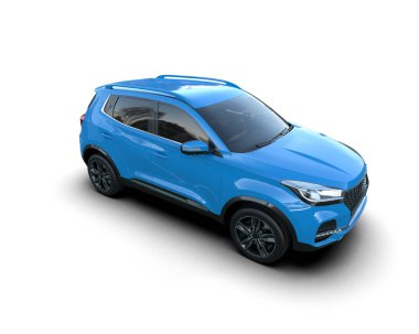 Beyaz arka planda mavi araba. 3d oluşturma