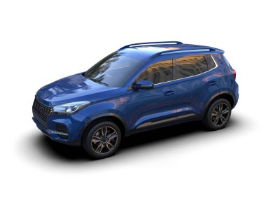 Beyaz arka planda mavi lüks SUV izole edilmiş. 3d illüstrasyon