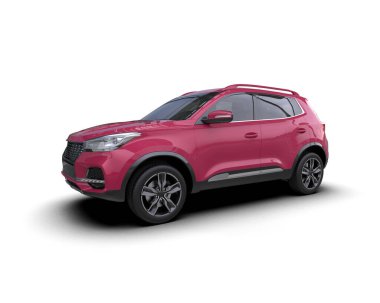 Pembe SUV arabası beyaz arka planda izole edilmiş. 3d oluşturma