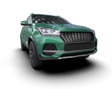 Yeşil modern cip arabası, en iyi manzara. 3d oluşturma