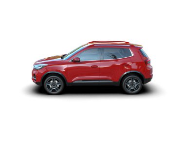 Beyaz arka planda gölgeli modern kırmızı araba. 3 Boyutlu Hazırlama