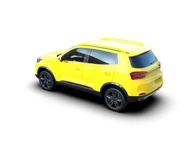 Beyaz arka planda sarı bir cip. 3d oluşturma