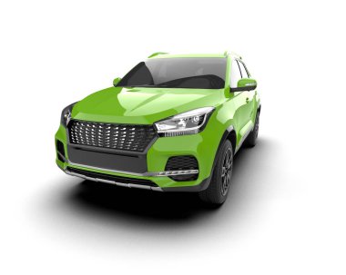 Beyaz arka planda yeşil arazi aracı. 3d oluşturma