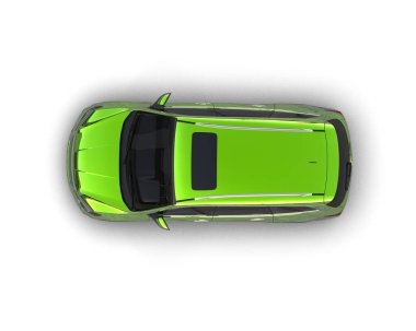 Beyaz arkaplanda 3 boyutlu yeşil araba görüntüleniyor