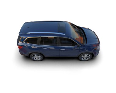 Beyaz arka planda küçük mavi, küçük, modern bir araba, 3 boyutlu.