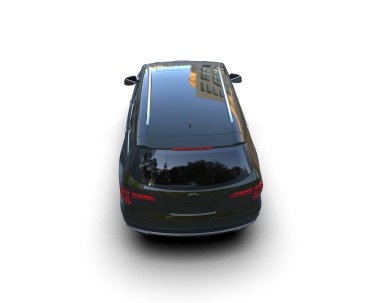 Beyaz arka planda izole edilmiş bir yolda modern bir araba. 3D oluşturuldu