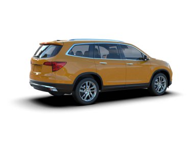 Beyaz arka planda sarı gövdeli modern bir cip. 3d oluşturma.