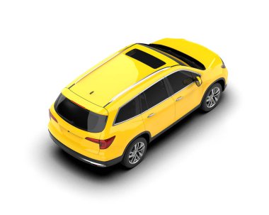 Beyaz arka planda sarı şehir arabası. 3d illüstrasyon.