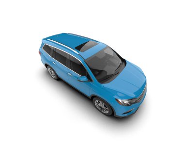 Beyaz arka planda mavi bir araba. 3d oluşturma