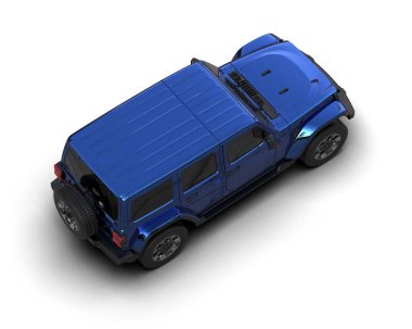 Beyaz arkaplanda 3D mavi araba görüntüleniyor