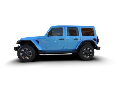 Mavi araba beyaz arka planda izole edilmiş. 3d illüstrasyon