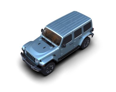 Metalik kabloyla beyaz arkaplanda izole edilmiş mavi SUV