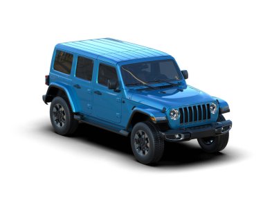 Beyaz arka planda mavi bir cip. 3d oluşturma