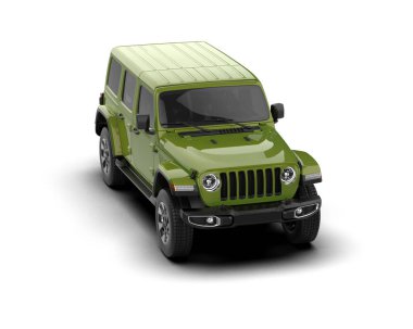 yeşil cip beyaz arkaplanda izole edildi. 3 boyutlu görüntüleme