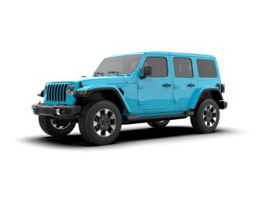 Beyaz zemin üzerinde izole edilmiş mavi bir SUV 3D görüntüleme