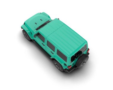 Uzun gölgeli yeşil kamyonet.