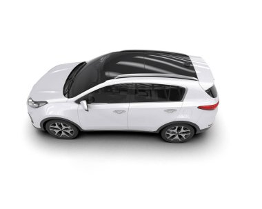 Modern araba. Beyaz ve gri bir arabanın arkasında siyah bir arka plan var.