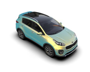 Beyaz arkaplanda 3D mavi araba görüntüleniyor