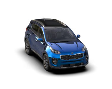 mavi araba modern elektrikli araba yan görünümü beyaz arkaplanda izole.